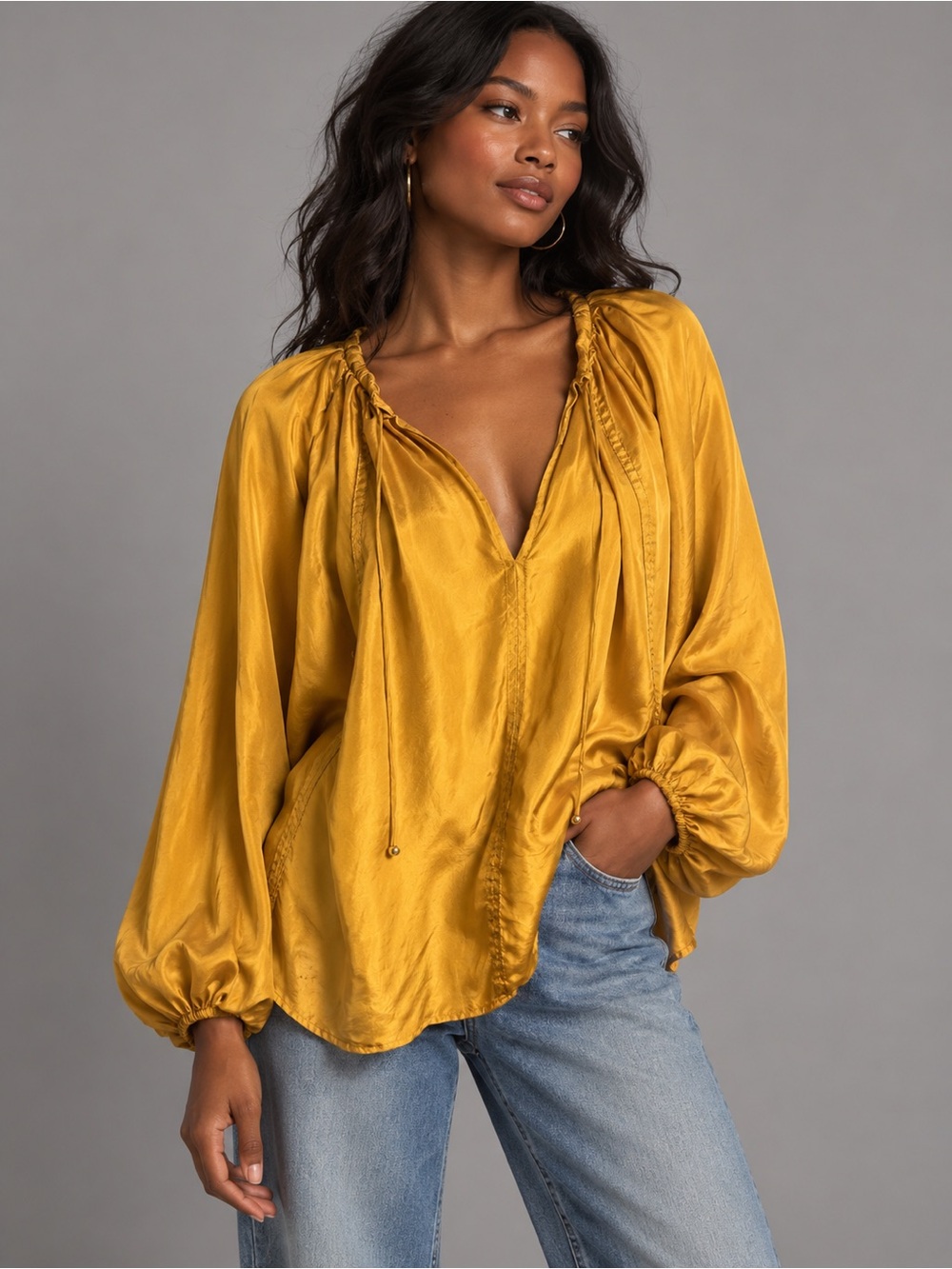 Banana Republic 100% Silk Gold Tie Neck Peasant Blouse Medium